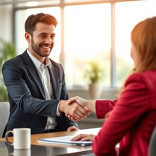 Een glimlachende kandidaat schudt de hand van de interviewer na een succesvol sollicitatiegesprek.