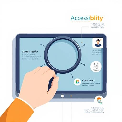 Illustratie van verschillende toegankelijkheidsfuncties, zoals een schermlezer, vergrootglas en instellingen voor contrast.